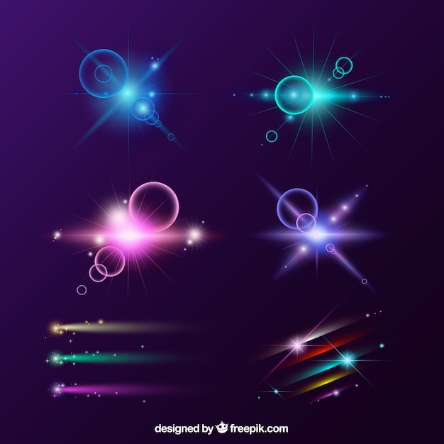 Set of colorful lens flare with realistic style Free Vector
