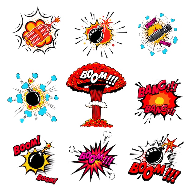 Set of comic style bombs, dynamite, explosions.  element for poster, card, emblem, print, flyer, ban