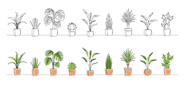 Premium Vector Set Of Continuous One Line Drawing Of A Flowers In A Pots