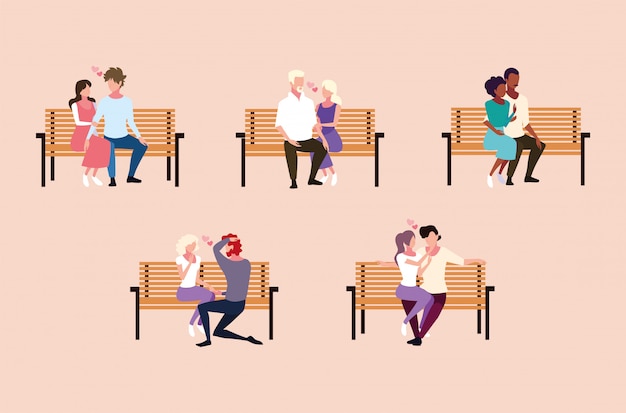Set of couples sitting in the park chair Premium Vector
