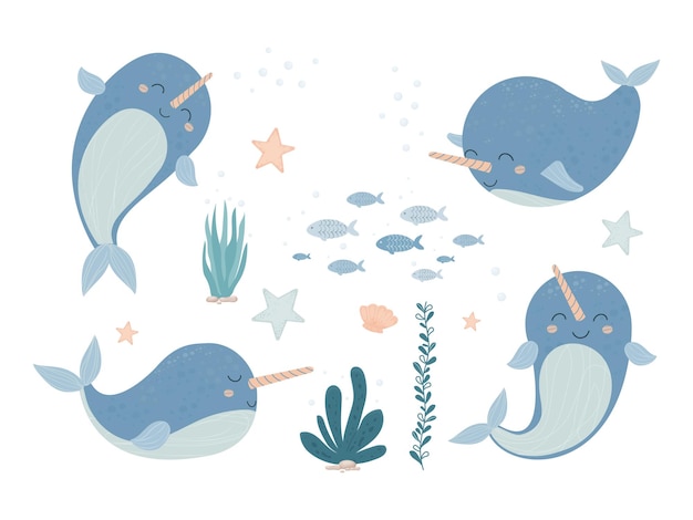 Premium Vector Set Cute Adorable Narwhal Baby Animals With Horn Smiling In Cartoon Style