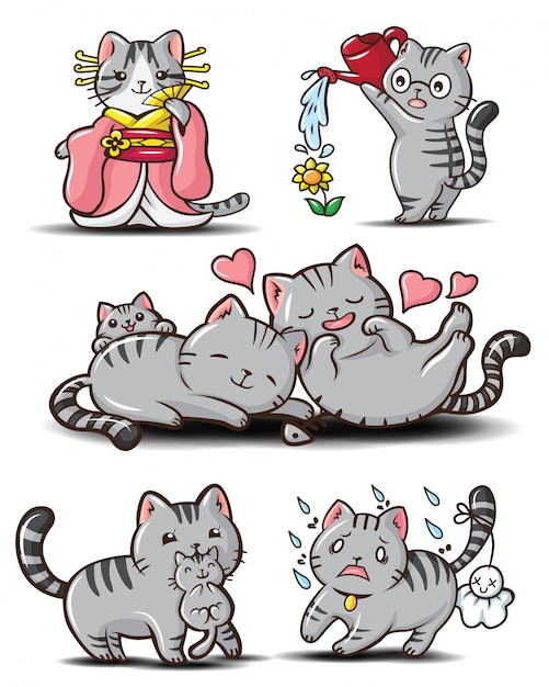 Set Cute American Shorthair Cat Cartoon Premium Vector