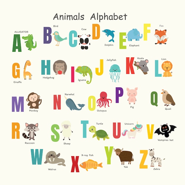 Premium Vector | Set of cute animal alphabet.