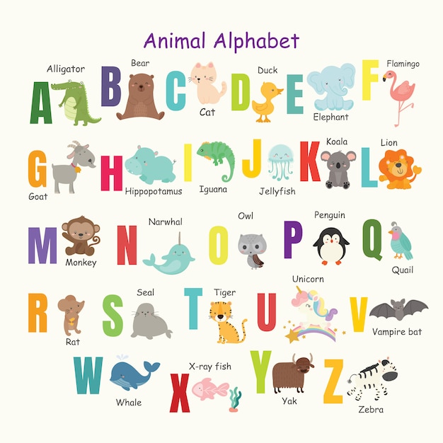 Premium Vector | Set of cute animal alphabet.