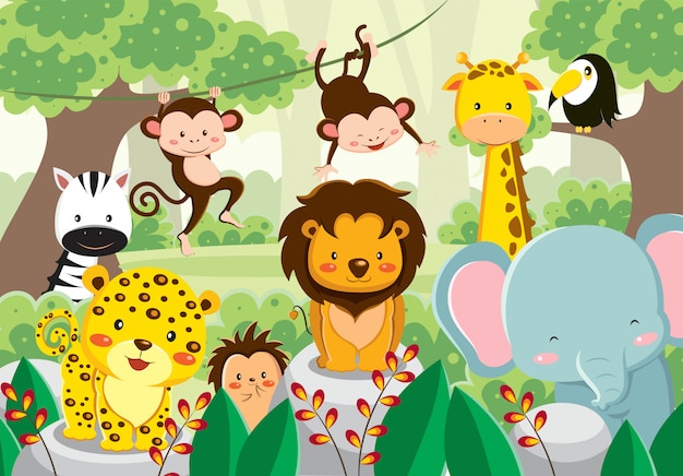 Set of cute animals in the jungle Premium Vector