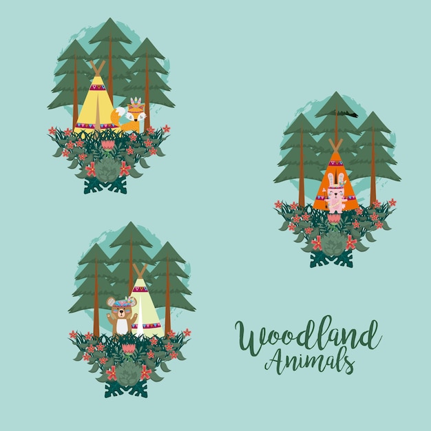 Premium Vector | Set of cute animals woodland cartoons over blue background