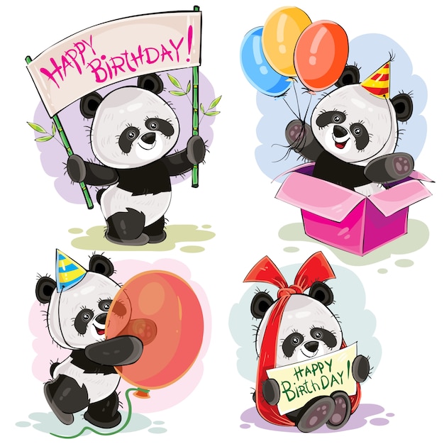 Download Set of cute baby panda bears with happy birthday banner ...