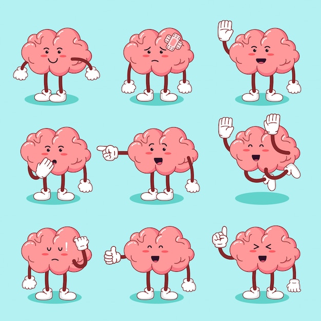 Set cute cartoon character brain  in flat style Premium Vector
