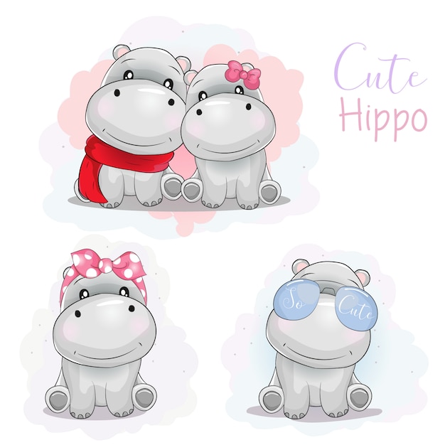 Premium Vector | Set cute cartoon hippo with ribbon, sun glasses and scarf