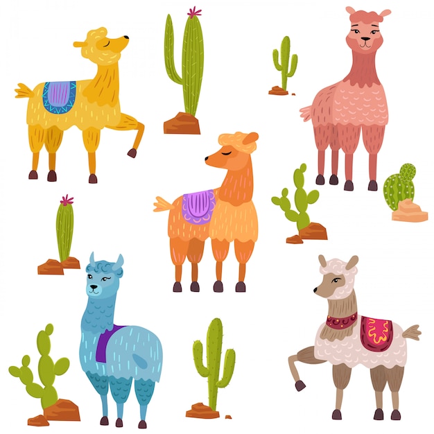 Premium Vector | Set of cute cartoon lamas characters with cactus.