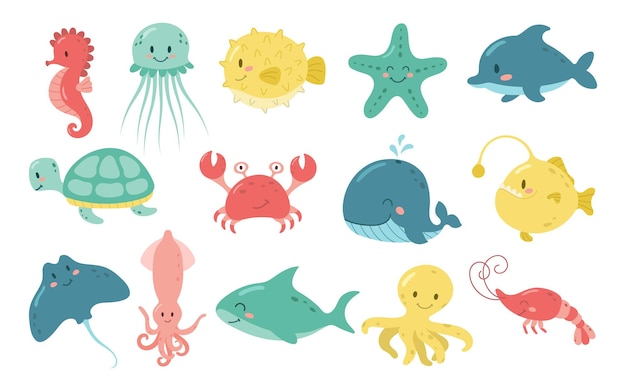 Premium Vector | A set of cute cartoon sea animals vector illustration