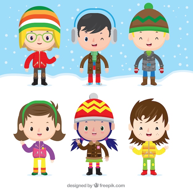 Free Vector | Set of cute children in the snow with winter clothes