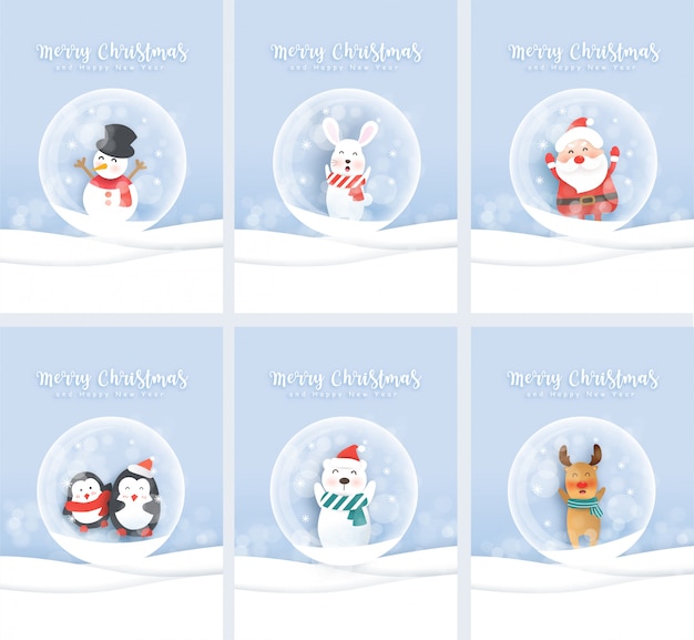 Download Premium Vector Set Of Cute Christmas Greeting Cards With Santa And Cute Animals In Paper Cut And Craft Style PSD Mockup Templates