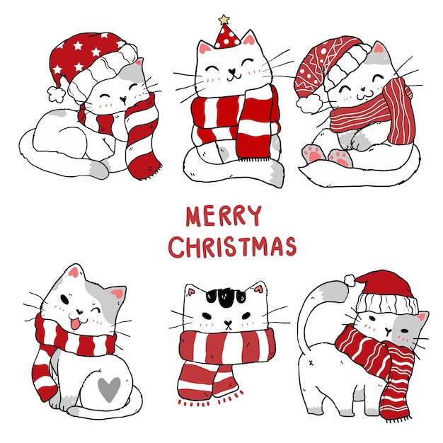 Premium Vector | Set of cute christmas kitten cat hand drawing clip art ...