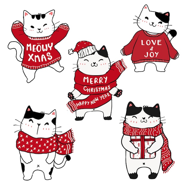 Premium Vector Set Of Cute Christmas Kitten Cat Hand Drawing