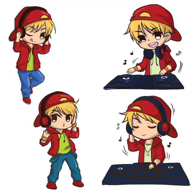 Set cute disc jockey cartoon | Premium Vector