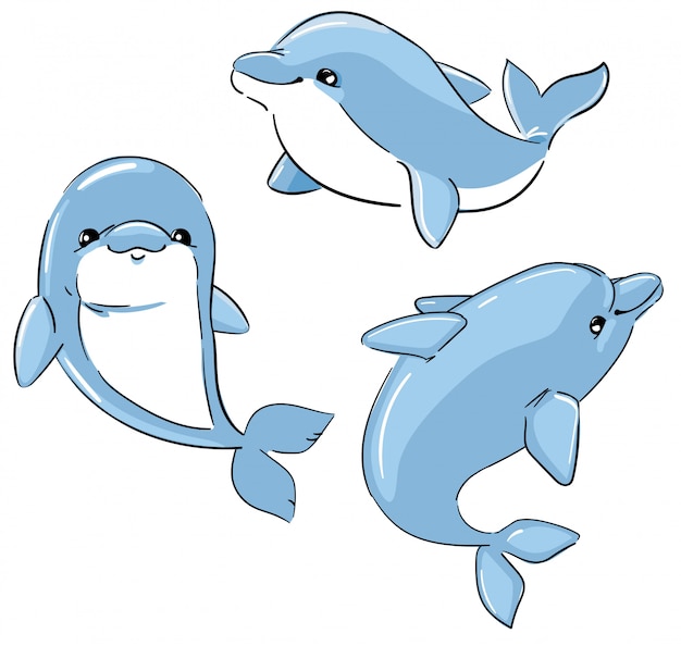 Premium Vector Set Of Cute Dolphins Isolated On A White Background Cartoon Characters Illustration Elements For Design