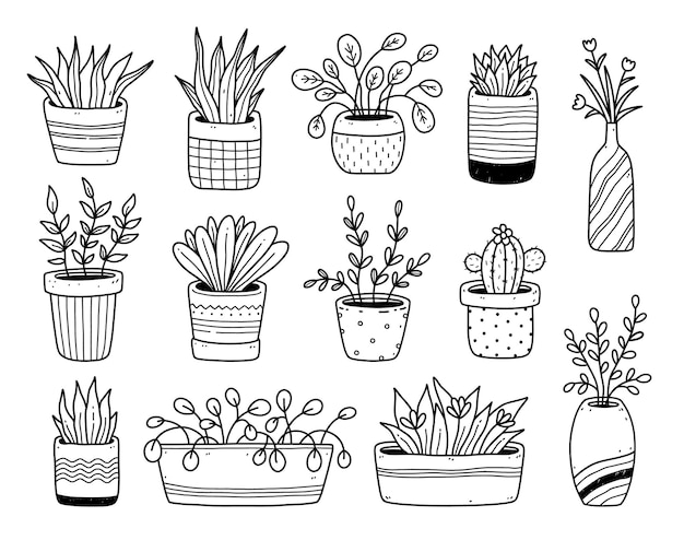 Premium Vector | Set of cute doodle houseplants in flower pots isolated ...