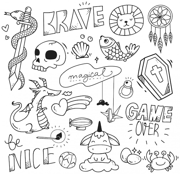 Set Of Cute Doodle For Print And Pattern Premium Vector