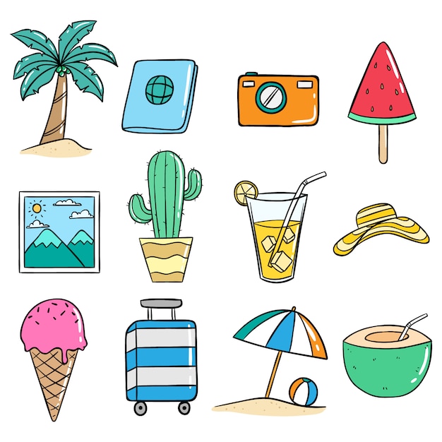 Premium Vector | Set of cute doodle summer icons or illustration