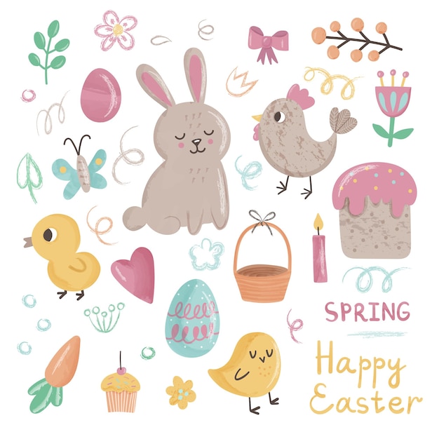 Premium Vector | Set of cute easter cartoon characters and design elements.