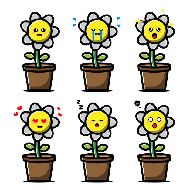 Premium Vector | Set of cute flower with expression cartoon character