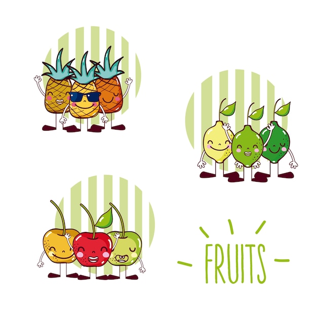 Premium Vector Set Of Cute Fruits Cartoons Round Icons