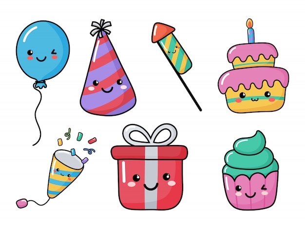 Set Of Cute Funny Birthday Icons Party Celebration Carnival