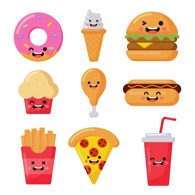 Premium Vector | Set of cute funny fast food kawaii style icons ...
