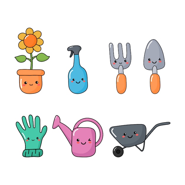 Set of cute funny garden tools icons kawaii style icons isolated Vector