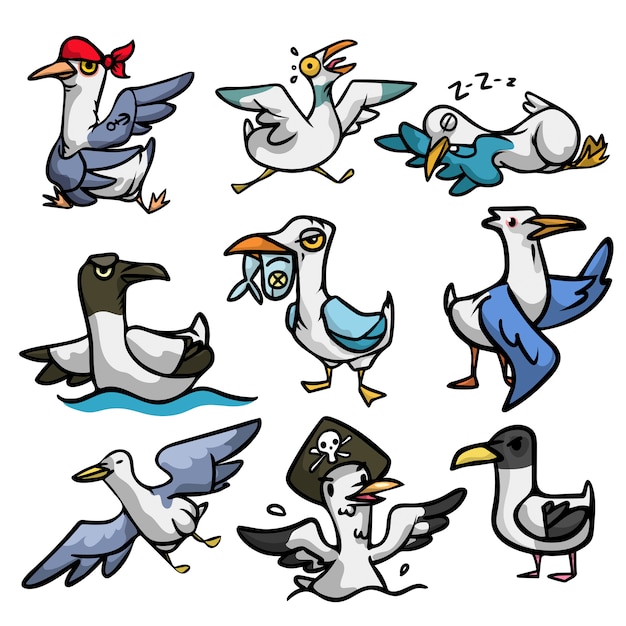 Premium Vector | Set of cute and funny seagull character in different