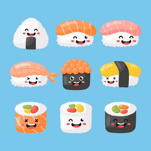 Premium Vector | Set of cute funny sushi and sashimi cartoon. japanese ...