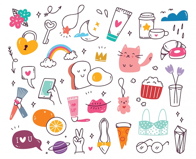 Set of cute girly doodles | Premium Vector