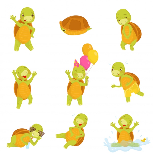 premium-vector-set-of-cute-green-turtle-in-different-actions-funny-reptile-with-brown-shell