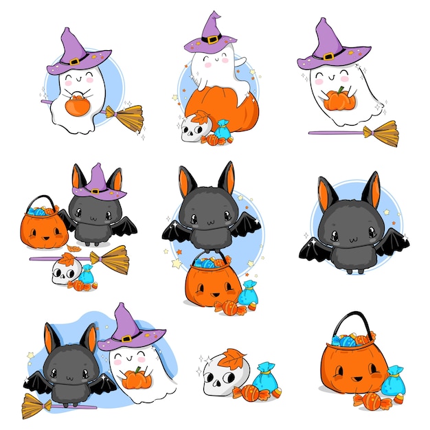 Premium Vector Set Of Cute Illustration Halloween Ghost With Pumpkin And Bat