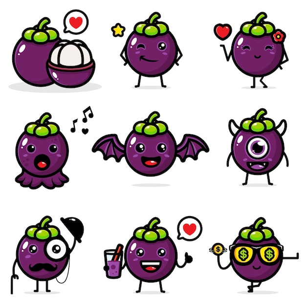 Download Set of cute mangosteen fruit design | Premium Vector