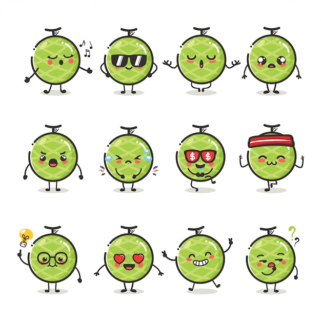 Premium Vector Set Of Cute Melon Fruit Character In Different Action Emotion