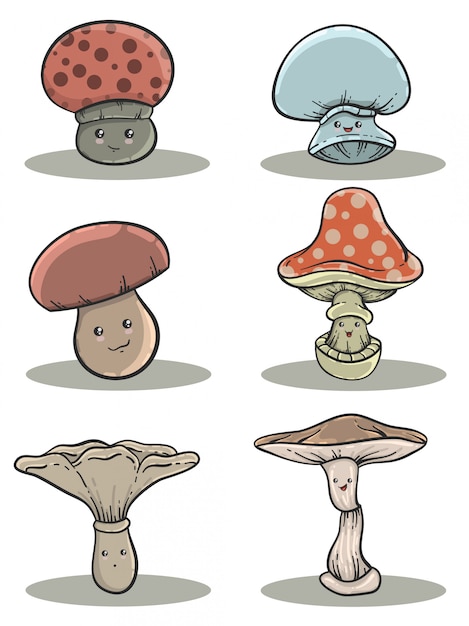 Premium Vector | Set Of Cute Mushroom Cartoon Characters In Hand Drawn