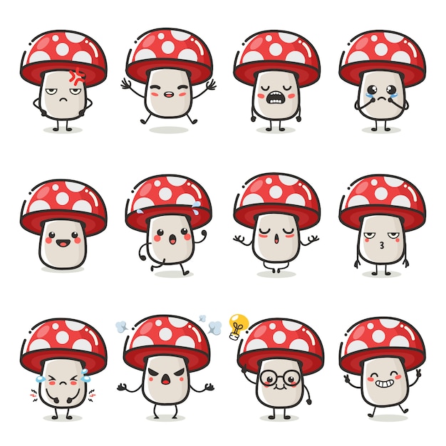 Premium Vector | Set Of Cute Mushroom Character In Different Action Emotion