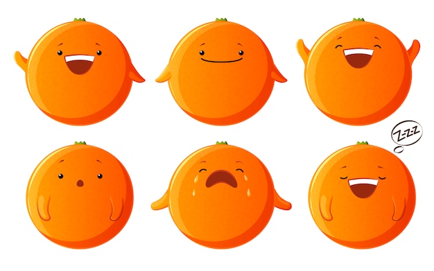 Set cute orange characters. kawaii fruit  characters isolated Premium Vector