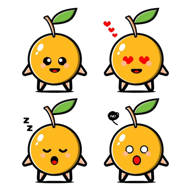 式でかわいいオレンジ色の果物の漫画のキャラクターを設定 プレミアムベクター