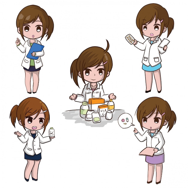 Set cute pharmacist cartoon., job concept. Vector | Premium Download