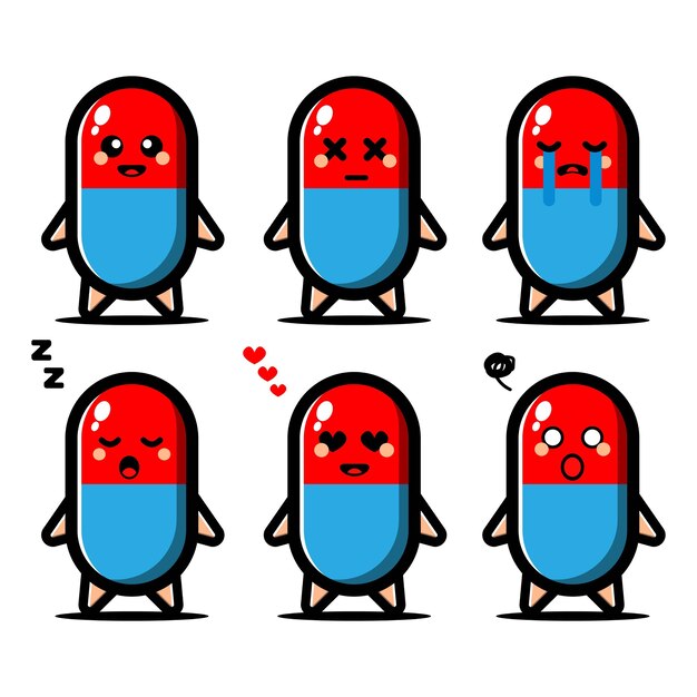 Premium Vector | Set Cute Pill Cartoon Character With Expression