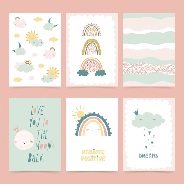 Premium Vector Set of cute posters with rainbow