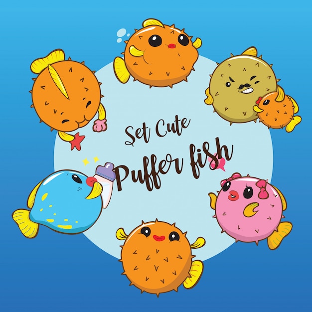 Download Set cute puffer fish Vector | Premium Download