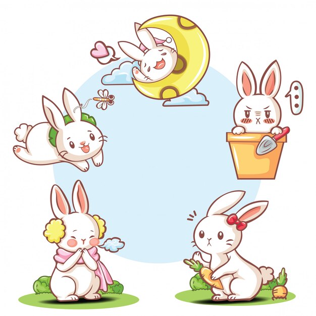 かわいいウサギの漫画のキャラクターを設定します プレミアムベクター