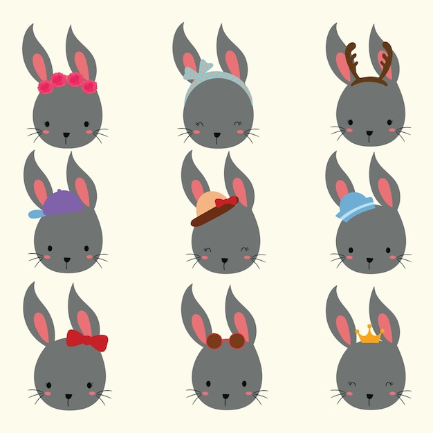 Download Set of cute rabbit head | Premium Vector