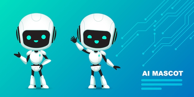 Set of cute robot ai character with circuits background ...