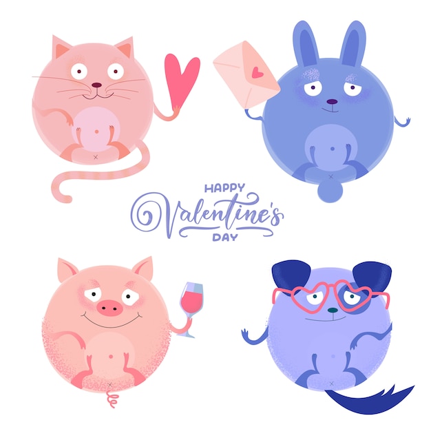 Download Set of cute round cat, pig, rabbit dog with little heart ...