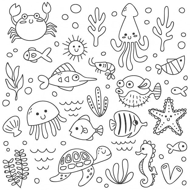 Premium Vector | Set of cute sea animals in doodle style